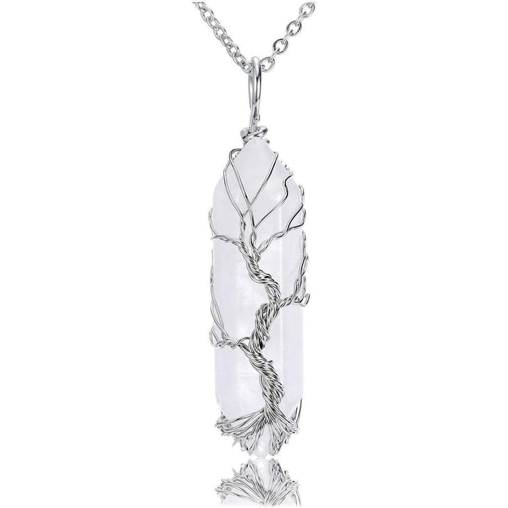 PESOENTH Colar com Pingente de Cristal de Quartzo Transparente, Pedra Energética de Cura Reiki, Árvore da Vida, Envolto