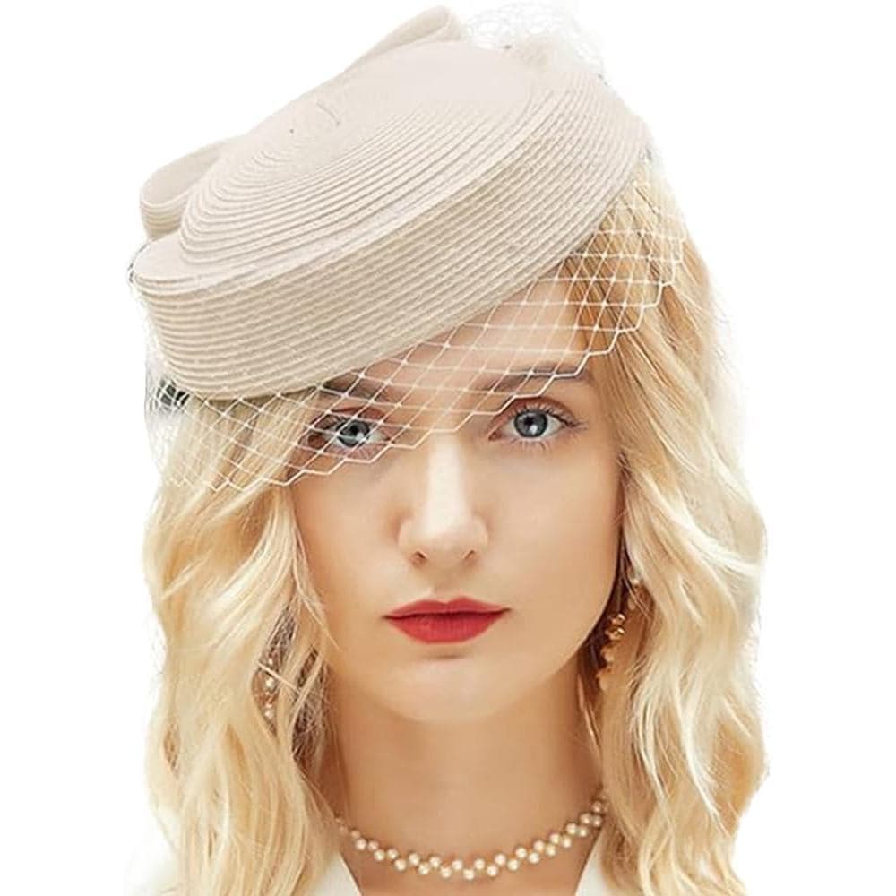 Chapéu Pillbox Vintage Britânico Elegante com Véu e Laço, Chapéu Fascinator de Noiva para Mulheres, Chapéu Fedora de Red