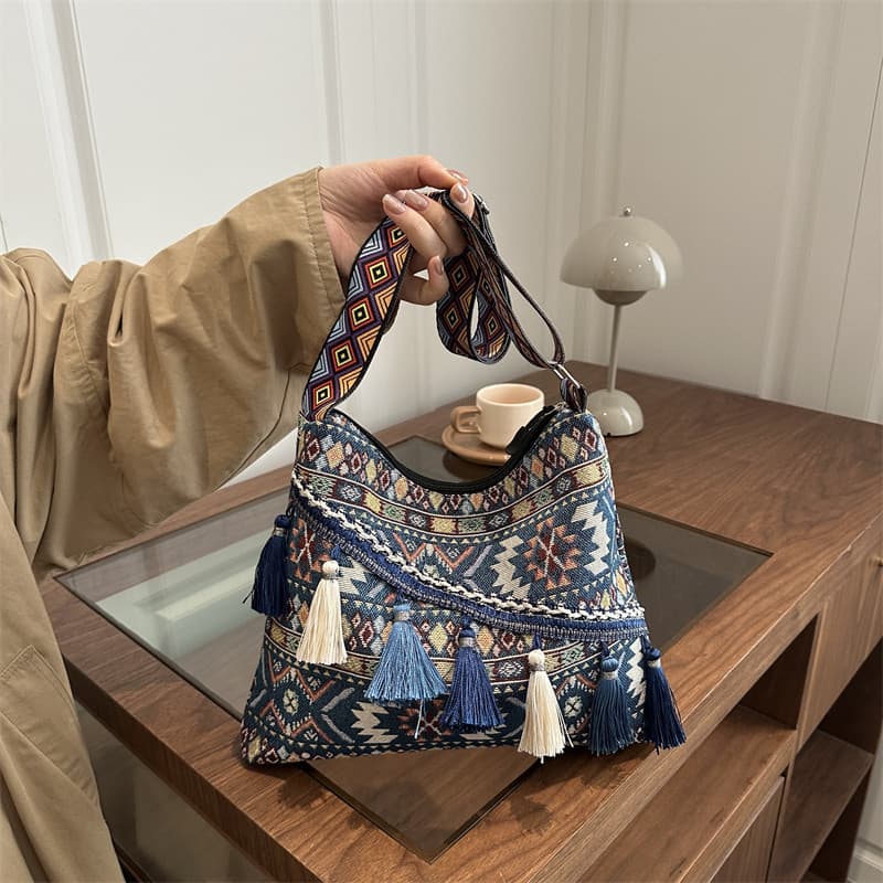 Estilo étnico borla sacola feminina grande capacidade Retro bolsa de lona bolsa de ombro senhoras ombro grande saco