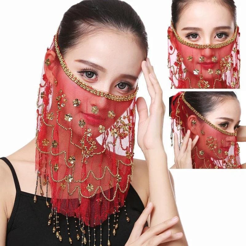 Linda Senhora Dança Do Ventre Máscara Facial Voile Envoltório Cachecol Lantejoulas Realizar Acessório