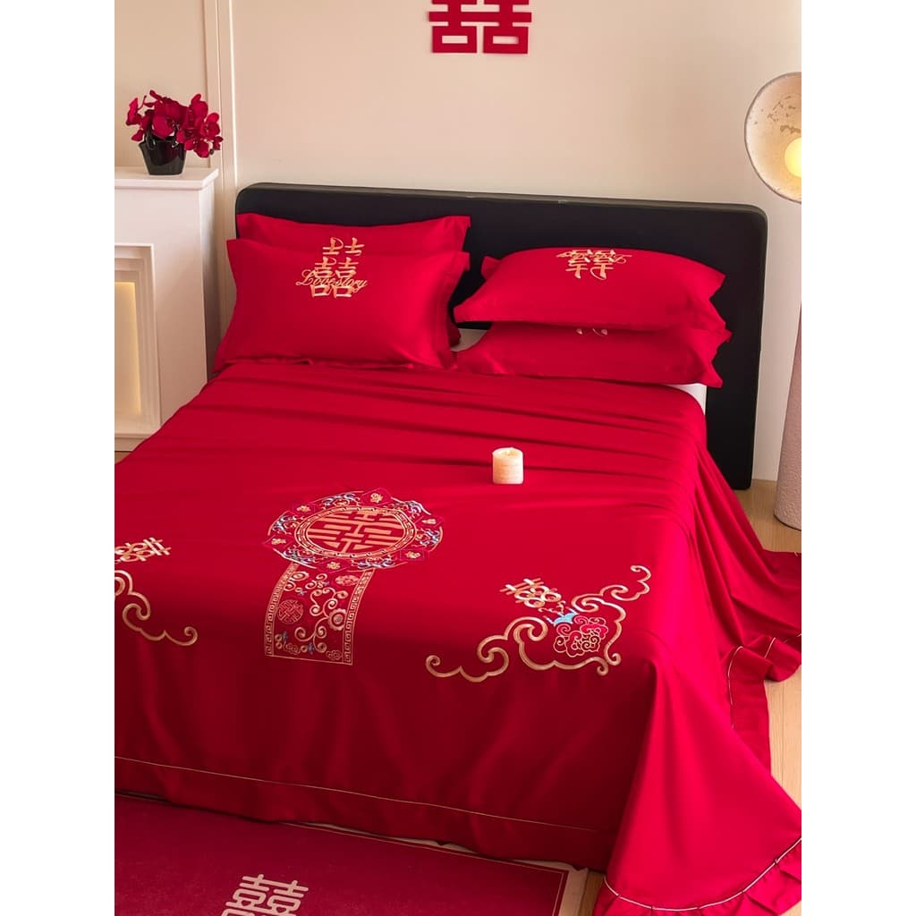 R ROLAND LIVE Lençol de algodão bordado de fibra longa para casamento, peça única, cama de casal, algodão vermelho, fest