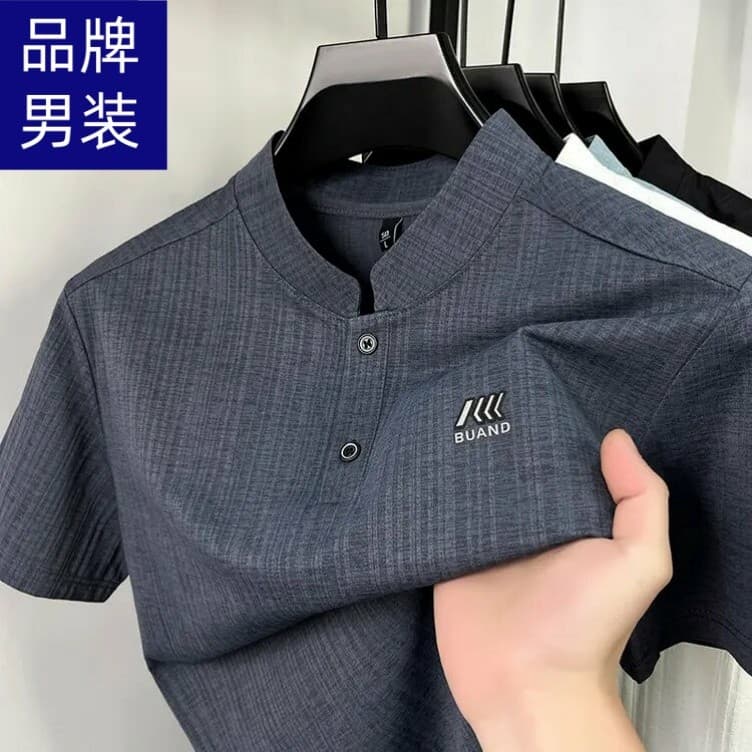 Marca 2026 verão novo chinês de manga curta camiseta masculina gola alta botão Casual moda de manga curta camiseta topo
