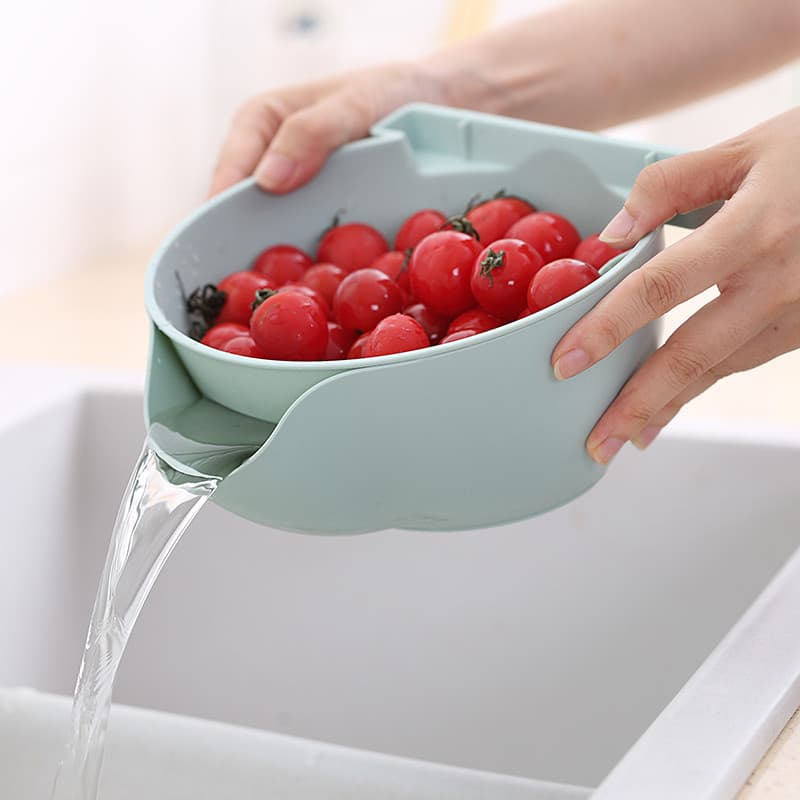 Bacia de lavagem de vegetais dupla camada oco plástico cesta de drenagem de frutas bacia cozinha doméstica vegetal azul