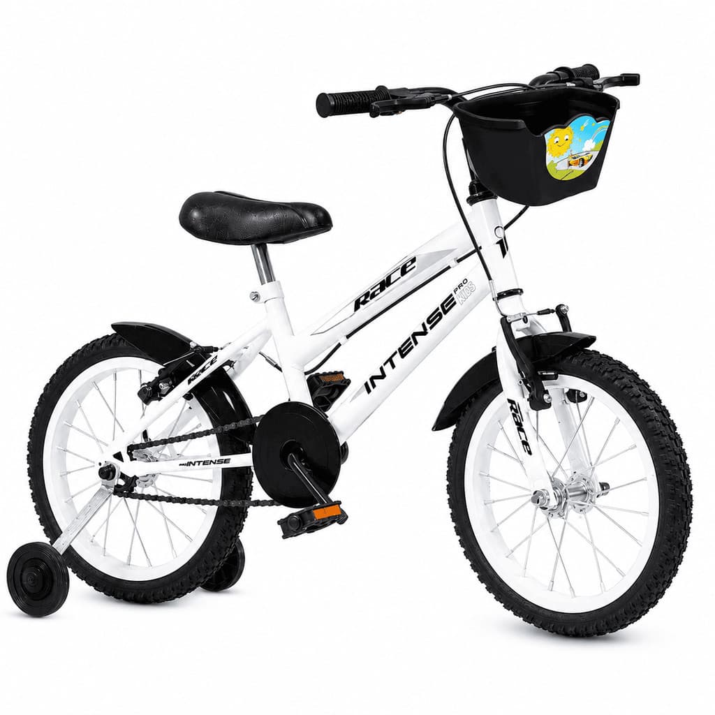 Bicicleta infantil Aro 16 V-brake Meninos com rodinha Colorida quadro Aço Carbono Intense Kids Cor Branco/Preto
