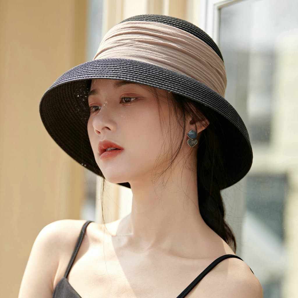 Chapéu balde de verão feminino influenciador plissado chapéu de palha Retro francês Hepburn elegante guarda-sol de aba l