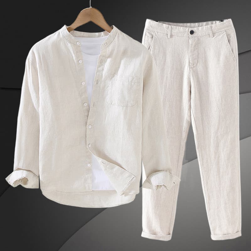 Terno de linho masculino de alta qualidade, leve, luxo, estilo chinês, duas peças, manga comprida, gola alta, camisa mas