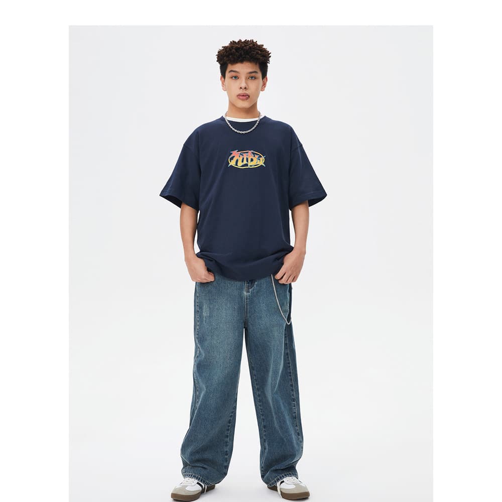 Vestido de verão de algodão pesado Metes em torno do pescoço de manga curta camiseta masculina impressa confortável algo