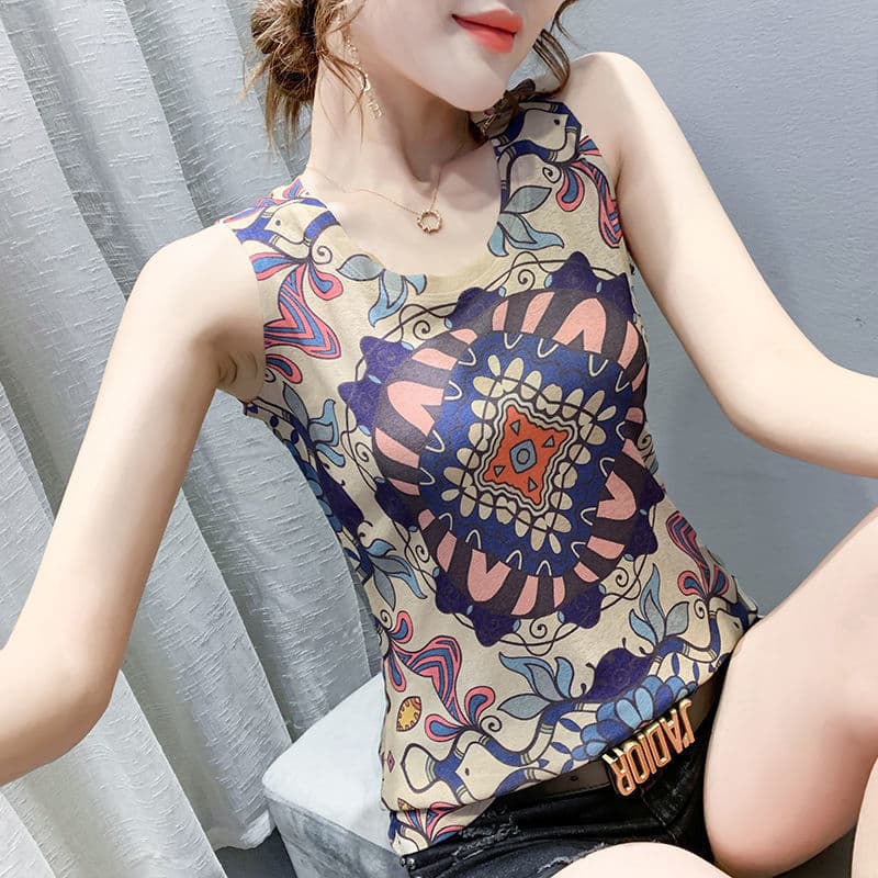 Senhoras colete novo estilo verão exterior Wear malha rosqueado puro algodão High-End sem mangas camiseta Floral estilo