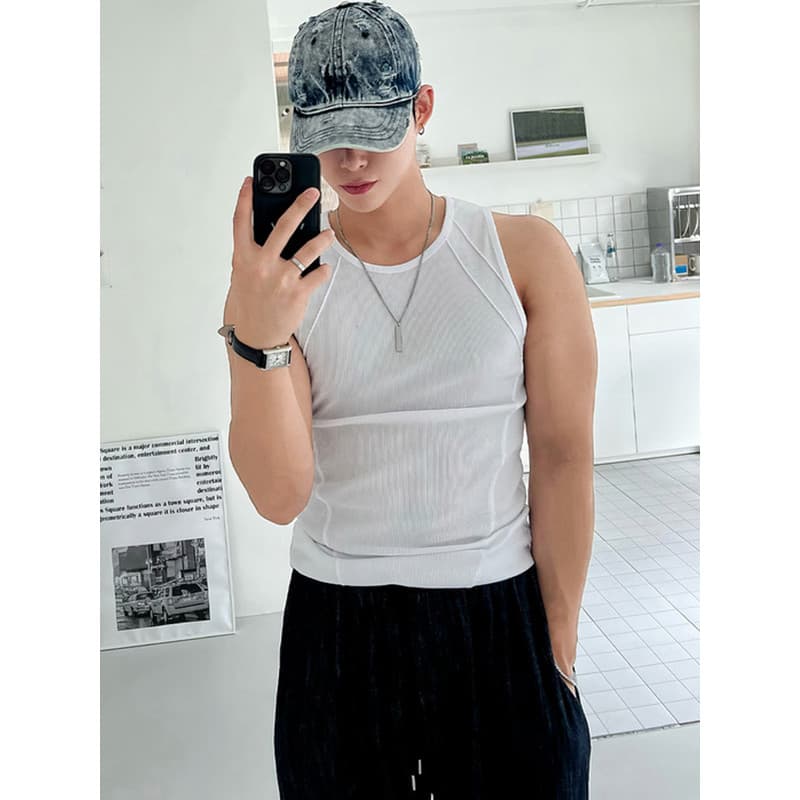 Colete com rosca de costura branca masculino americano Casual esportes Fitness simples versátil Slim-fit sem mangas Top