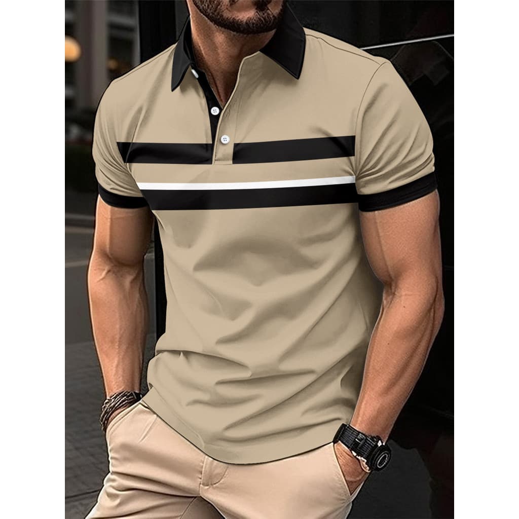 Camisa polo masculina camisa polo masculina verão Casual camisa polo tira preta impressa botão de manga curta camiseta t