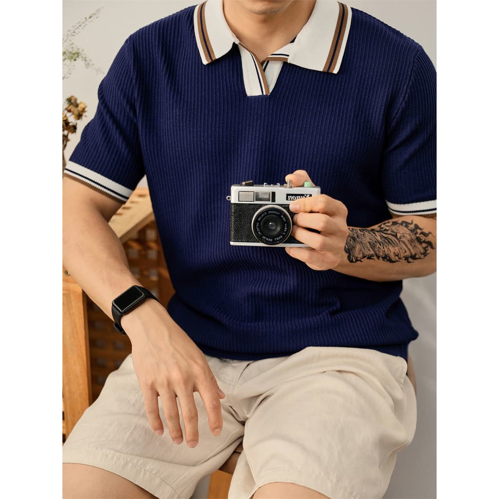 Americano Retro cor lapela elegante luxo fino-ajuste camisa Polo verão legal textura de seda malha gola gaivota camiseta