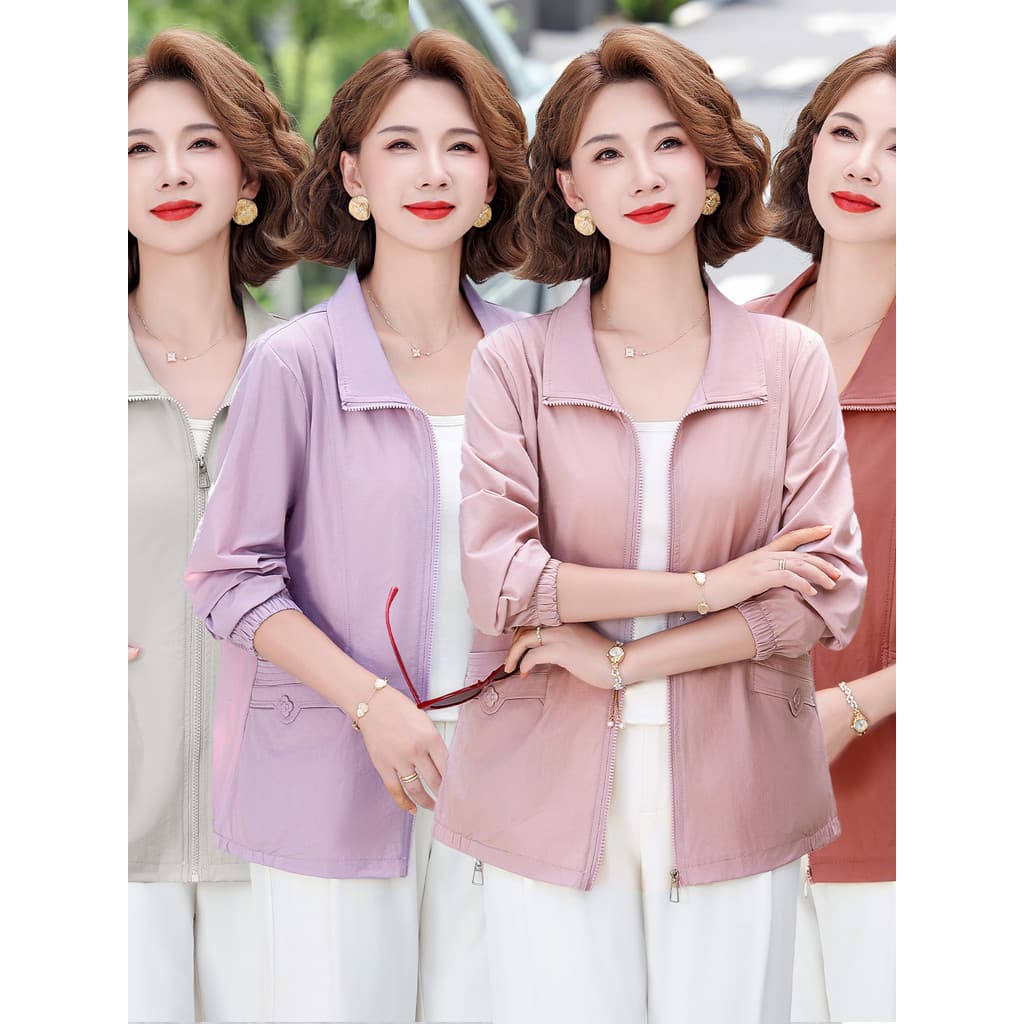 Moda mãe usar primavera verão fino jaqueta curta feminina de meia-idade idosos moda protetor solar roupas com zíper Card