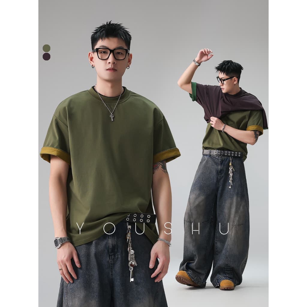 Contraste cor em torno do pescoço de manga curta camiseta masculina 2026 verão novo estilo Street Wear solto High-End De