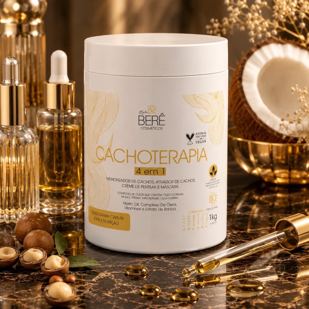 Cachoterapia Nutrição 1kg Creme de Pentear 4 em 1 Ativador de Cachos Profissional com Proteção UV e Anti Frizz