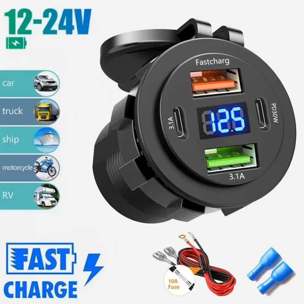 Tomada De Carregador De Carro Duplo Tipo-C E USB 4 Portas Carregamento Rápido À Prova Dwaterproof Água Com Voltímetro 12