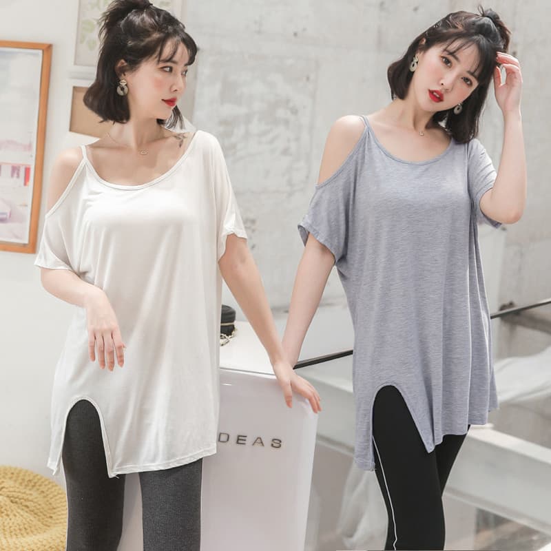 Verão outono versão coreana novo estilo camiseta de manga curta fora do ombro divisão solta meados de comprimento topo c