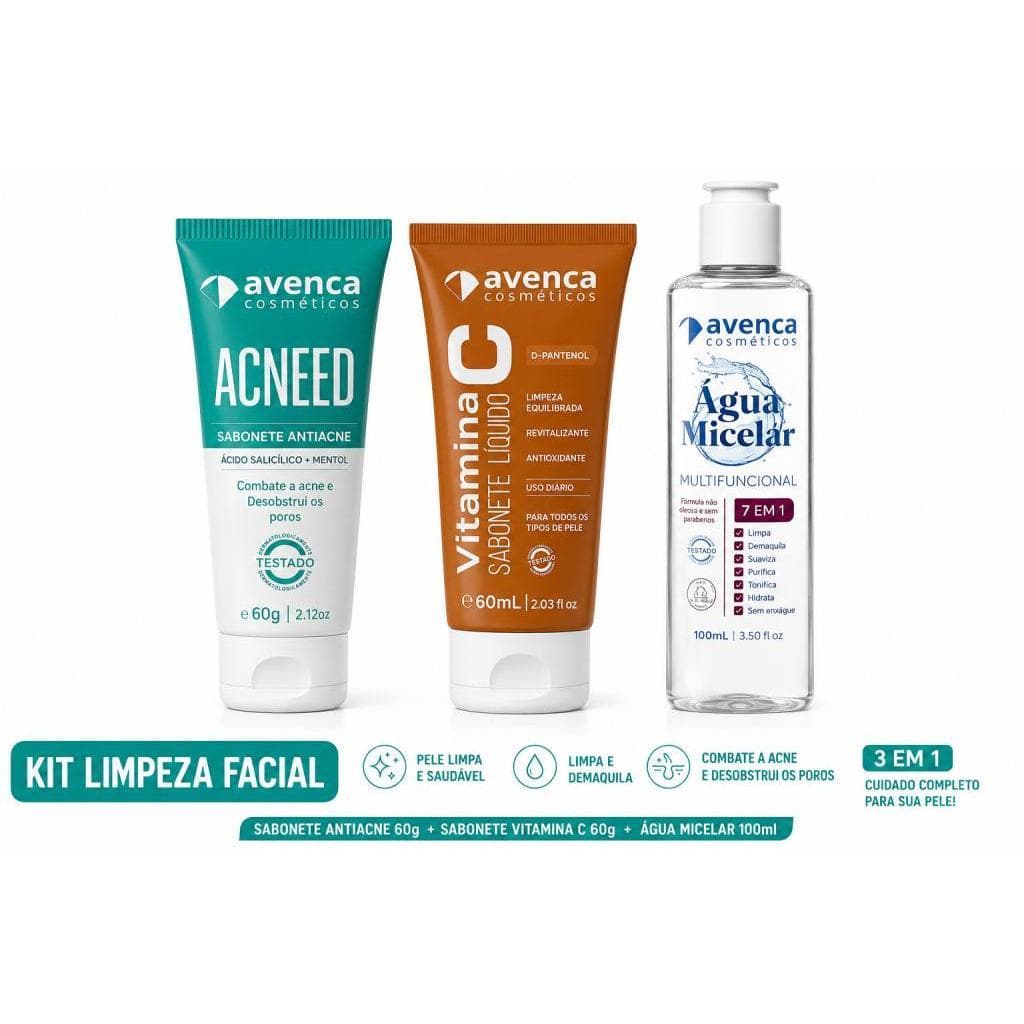 Kit Limpeza Facial Sabonete Antiacne 60g + Sabonete Vitamina C 60g + Água Micelar 100ml - Avenca
