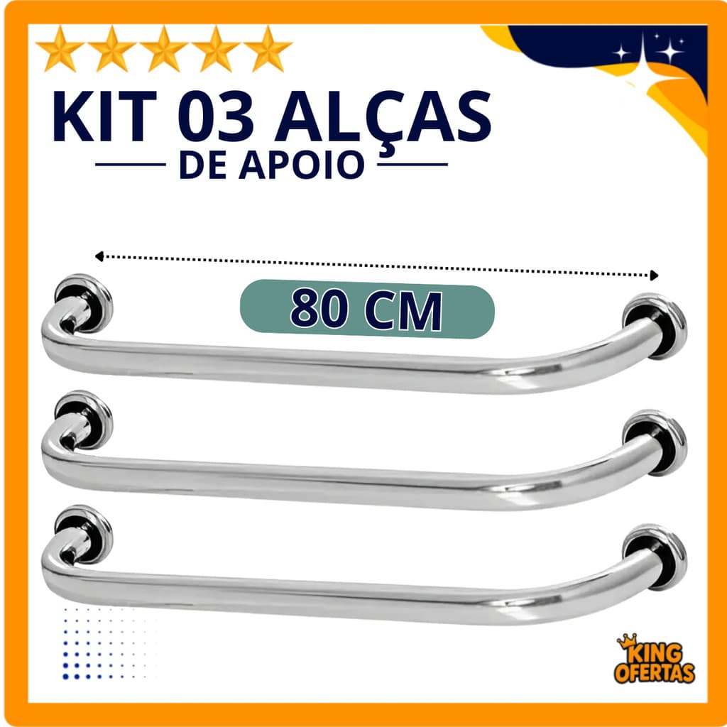 Kit 03 Alças de Apoio para Idosos, Deficientes, Convalescentes - 80cm - Alumínio e Aço Inox até 110kg
