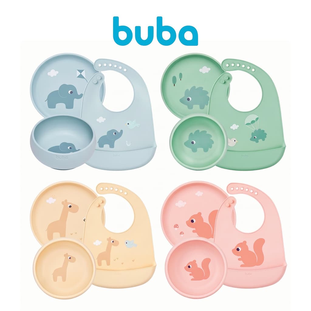 ​Kit Introdução Alimentar Buba Prato Bowl com Ventosa e Babador Silicone +6m