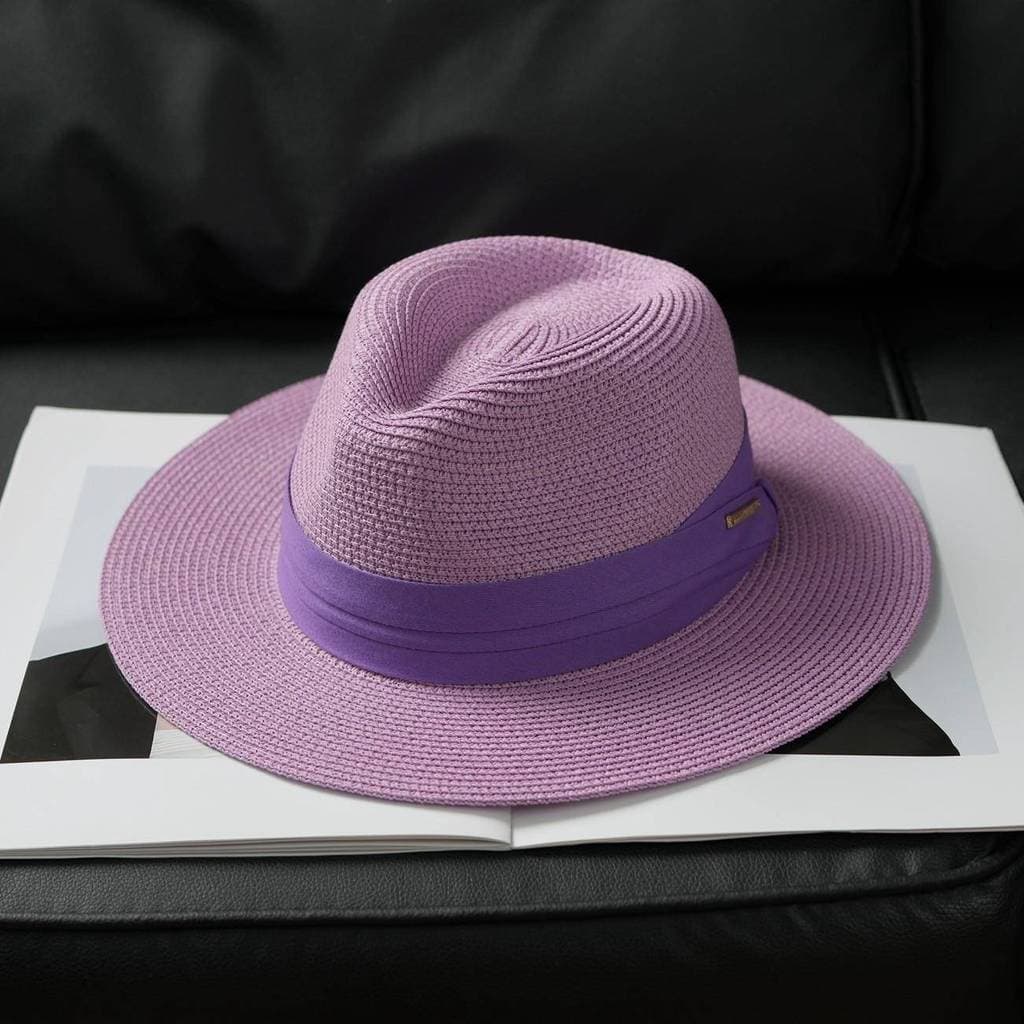 Verão luz roxo chapéu de sol das mulheres dos homens mesmo estilo dobrável panamá chapéu de palha feminino aba plana aba