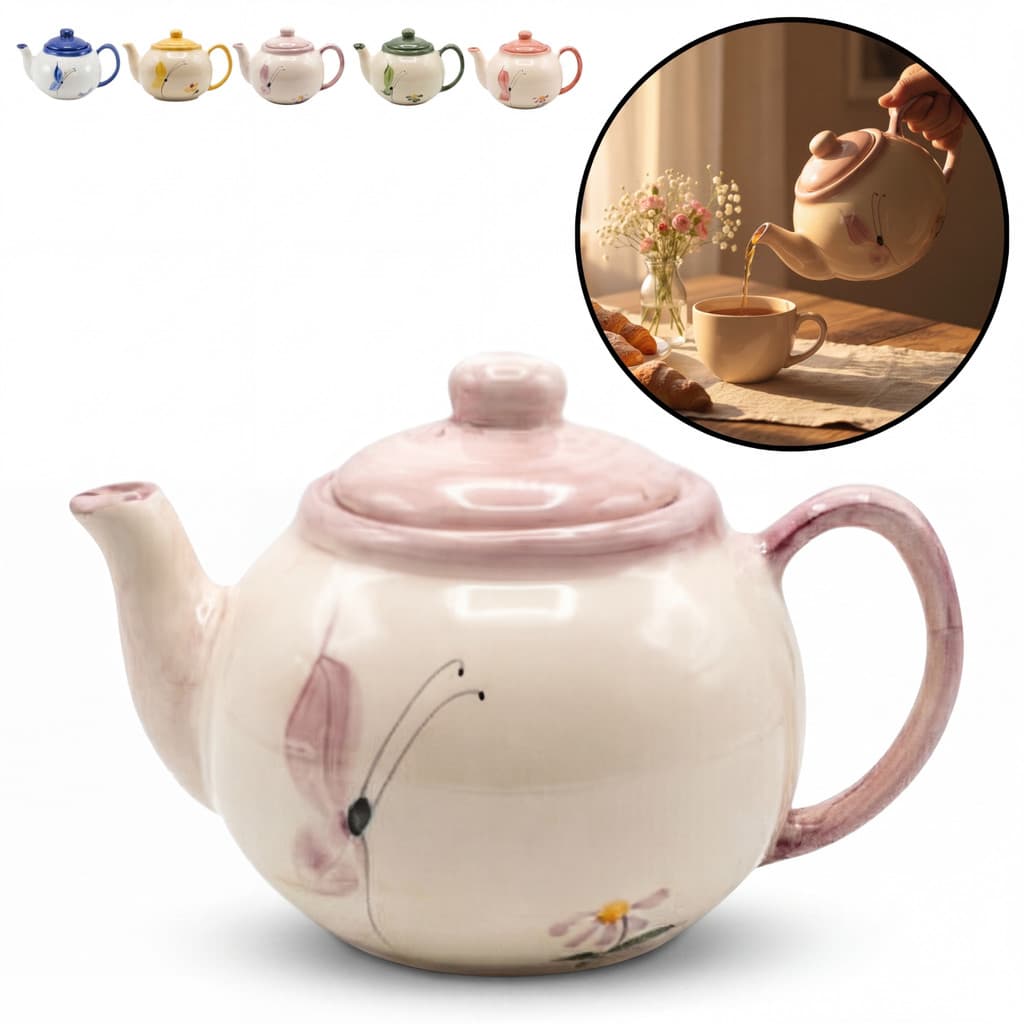 bule com tampa de cerâmica esmaltado artesanal chaleira para servir café chá bebidas desenho borboleta decoração 650ml