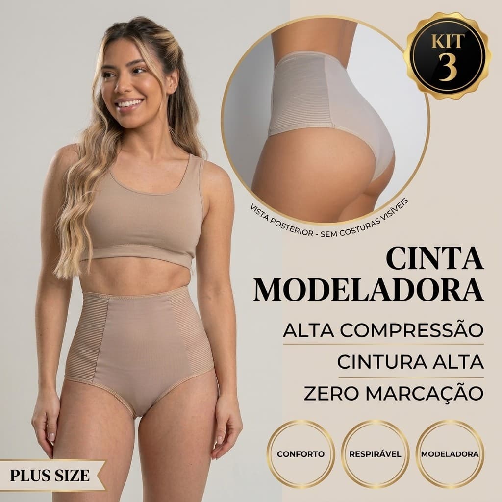 Kit 3 Calcinhas Cinta Modeladora Compressão Cós Alto Redutora de Medidas Suplex Plus Size Excelente para Uso com Vestido