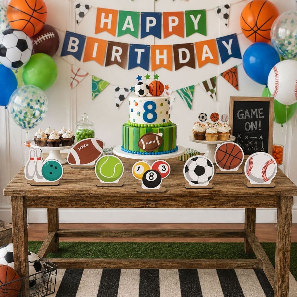 Kit 7 Displays Bolas Esportes MDF Totens Decorativos Festa Infantil Mesa Doces Aniversario