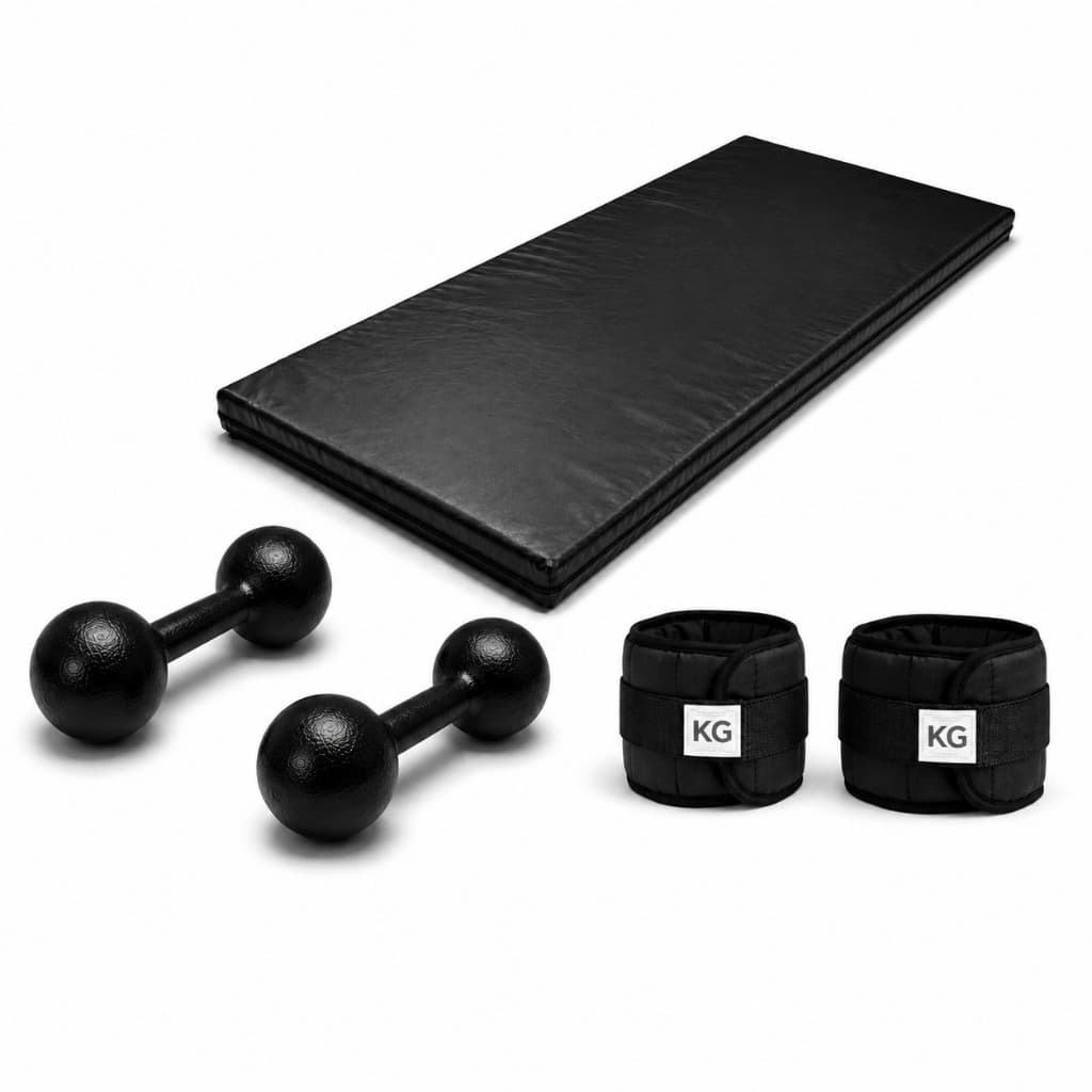 KIT FITNESS COMPLETO COLCHONETE PRETO + PAR 5KG HALTER BOLA + PAR 5KG CANELEIRA PRETO | TREINO EM CASA OU ACADEMIA TL