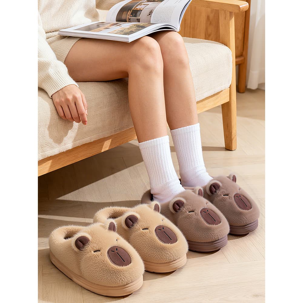 Kapibara chinelos de algodão feminino 2025 novo estilo inverno interior casa bonito pelúcia antiderrapante pai-filho chi