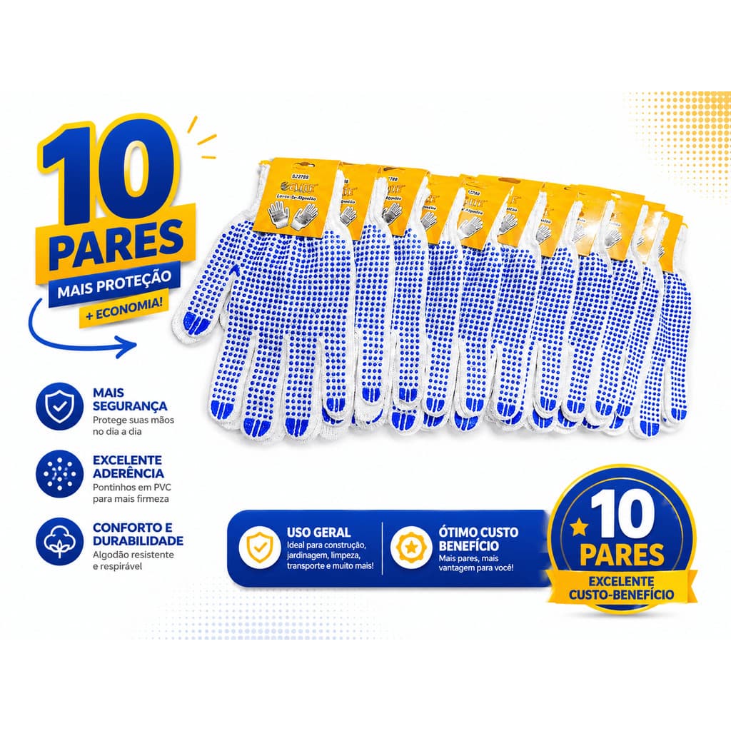 Kit Luvas Pigmentada de Malha Obras Construção Mecânica Jardinagem