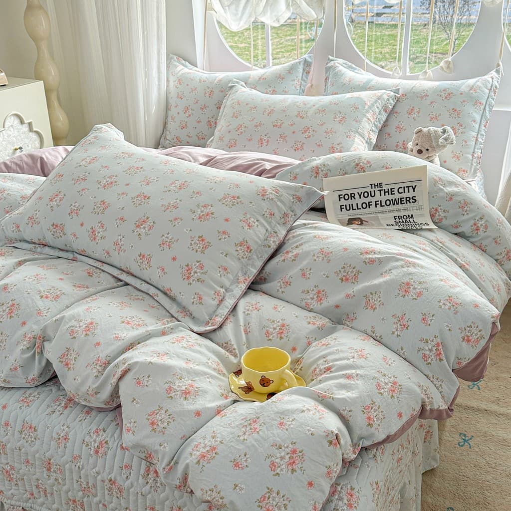 Lençol acolchoado tipo capa de cama algodão lavado fio duplo conjunto de quatro peças algodão puro todo-algodão Floral c