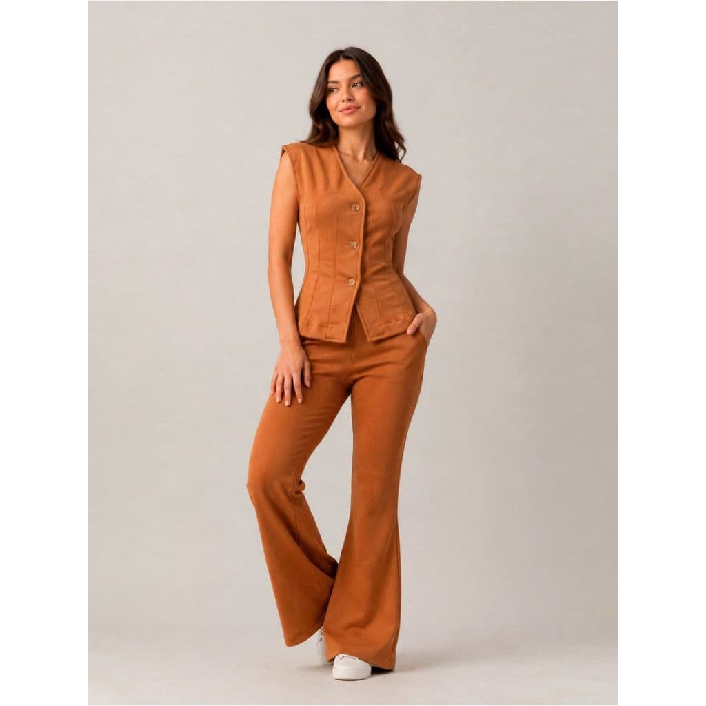 Conjunto Feminino Elegante Premium Colete com Botões e Calça Flare Sofisticada 2 Peças