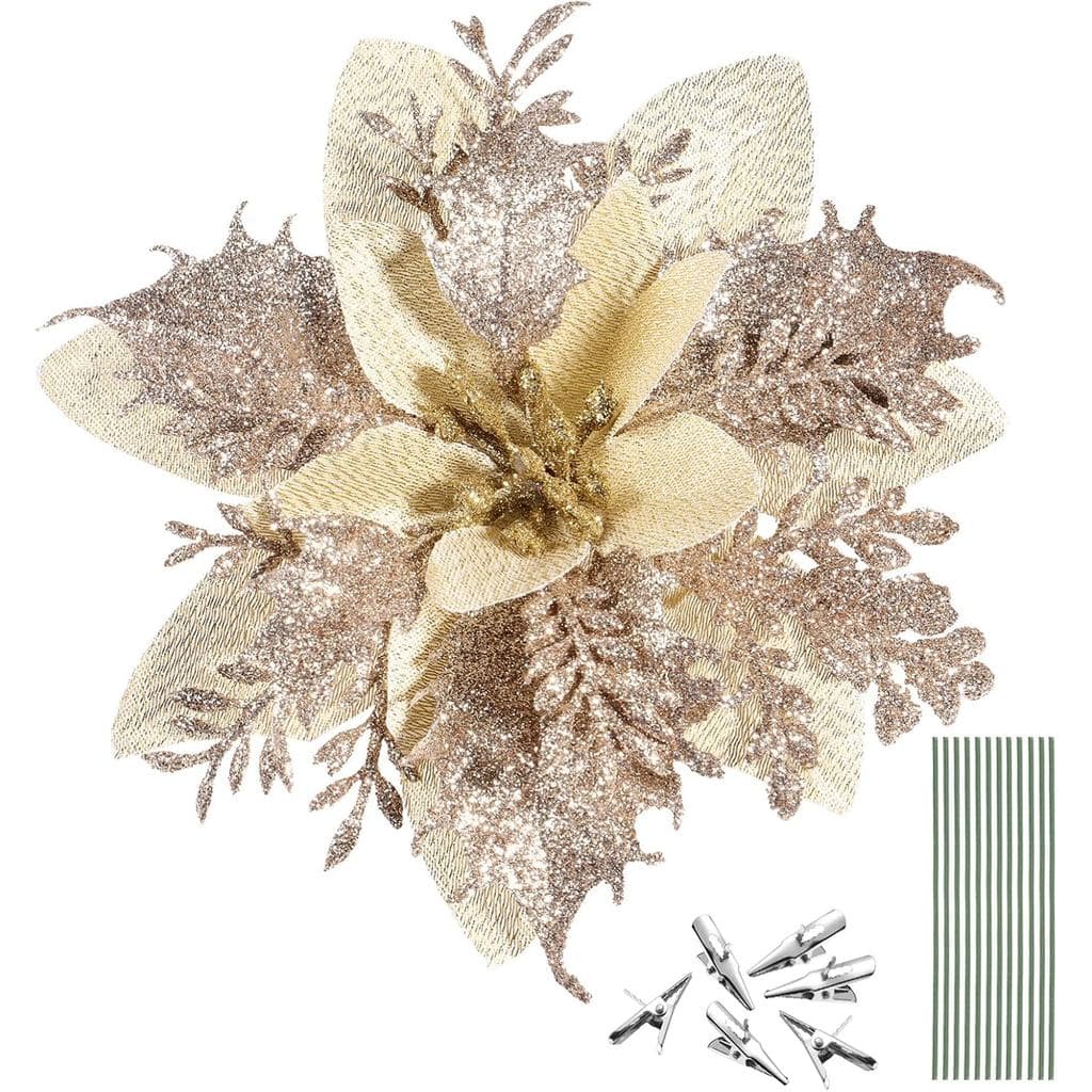 12Pcs Glitter Poinsettia Flowers for Christmas Tree, Artificial Christmas Flowers with Clips and Stems - Gold Xmas Tree
