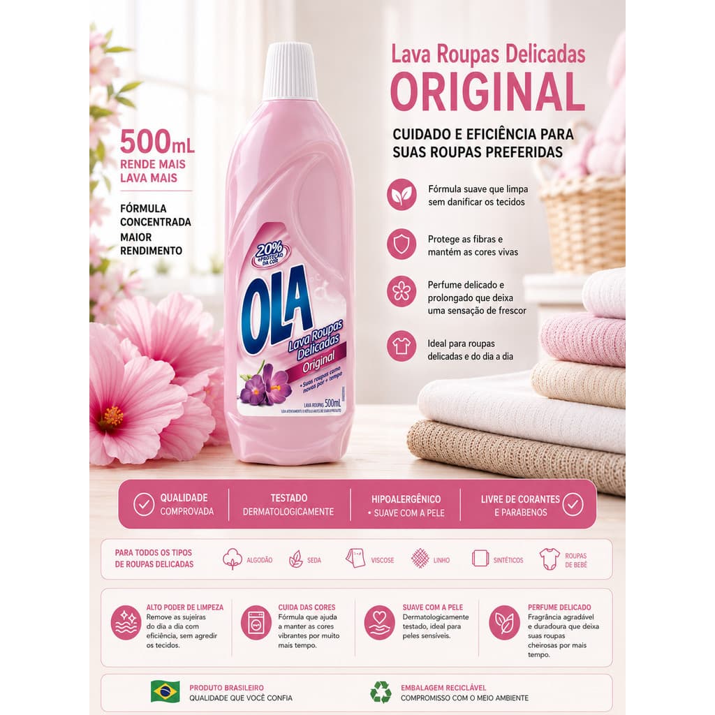 SABÃO LÍQUIDO LAVA-ROUPAS OLA ORIGINAL PARA ROUPAS CLARAS E DELICADAS 500ML
