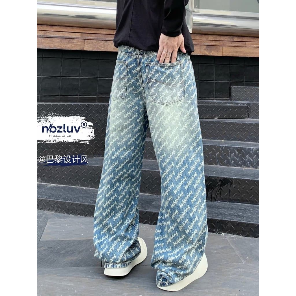Azul céu estrelado padrão Jeans masculino verão estilo fino 2025 novo estilo street Wear bonito Design High street calça