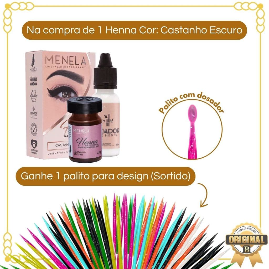 Kit Henna Castanho Escuro Menela + Palito Para Design De Sobrancelhas (Sortido)
