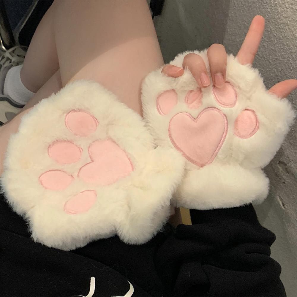 Bonito gato garra luvas de pelúcia feminino outono inverno versão coreana estudantes All-Match meio dedo tela sensível a
