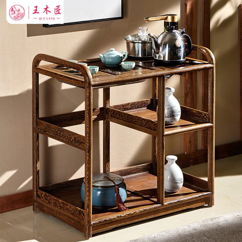 Wang Carpenter Wenge Simples Pequeno Carrinho de Chá Mesa de Café com Fogão de Indução Carrinho de Mogno com Rodas