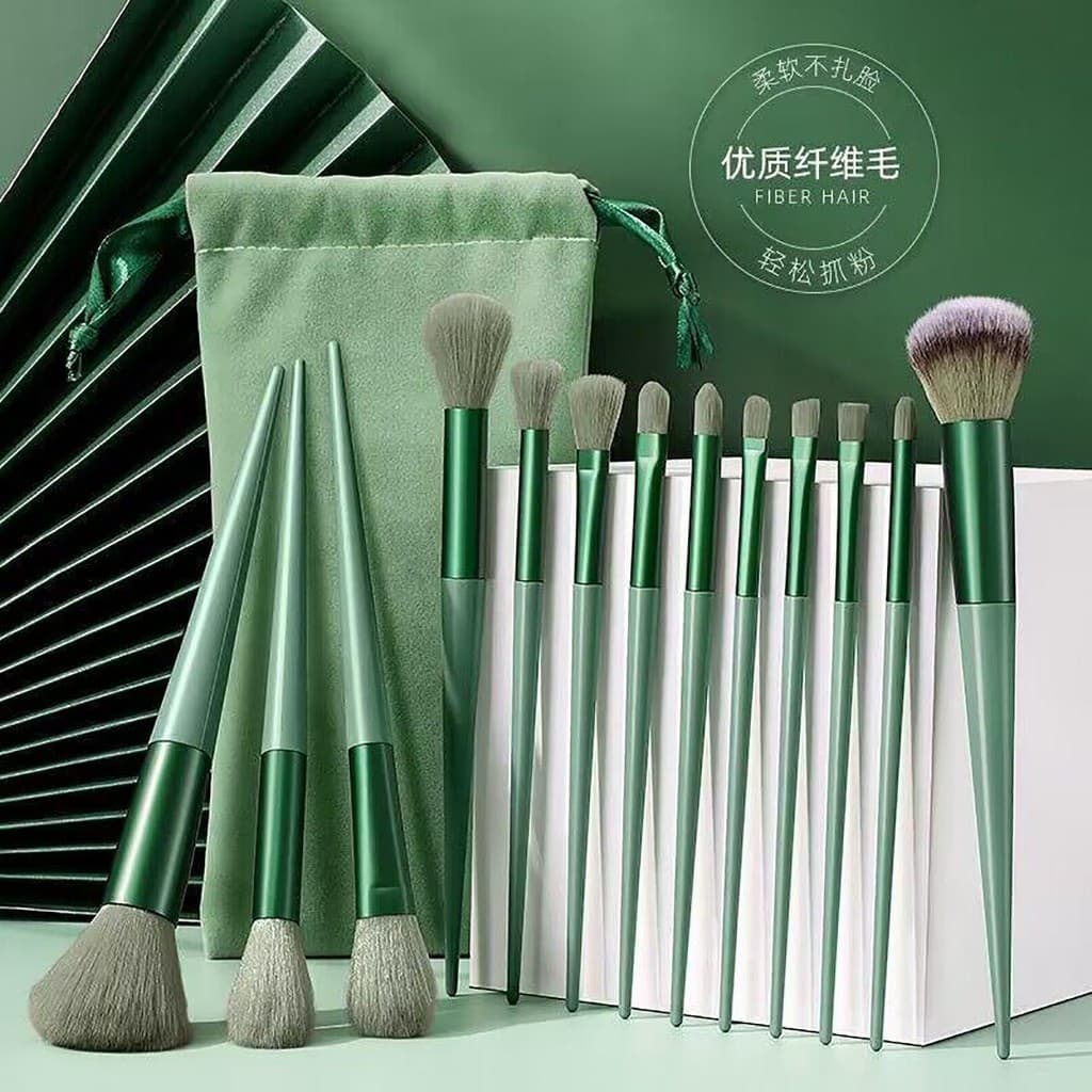 Conjunto de pincéis de maquiagem verde, 13 quatro estações, sombra, pincel de maquiagem, cabelo macio, delineador, ferra