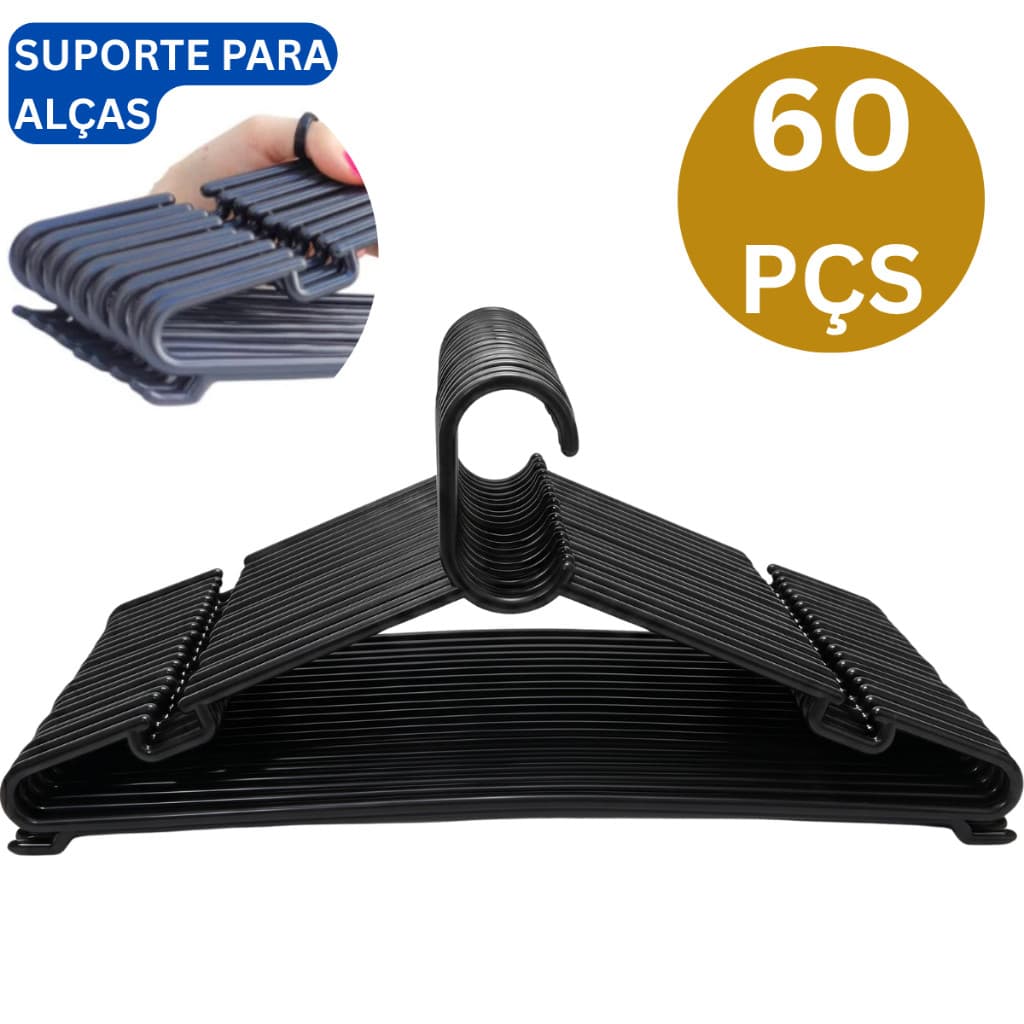 Kit 60 Cabide Redondo Cabides Para Roupas Preto Adulto Envio Imediato