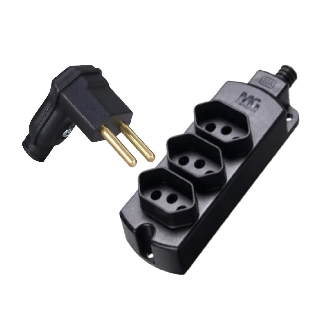 Kit Régua Tomada em Barra Tripla 10/20a + Plug 90 graus 2 pinos  10 A ( fino)Margirius Extensão