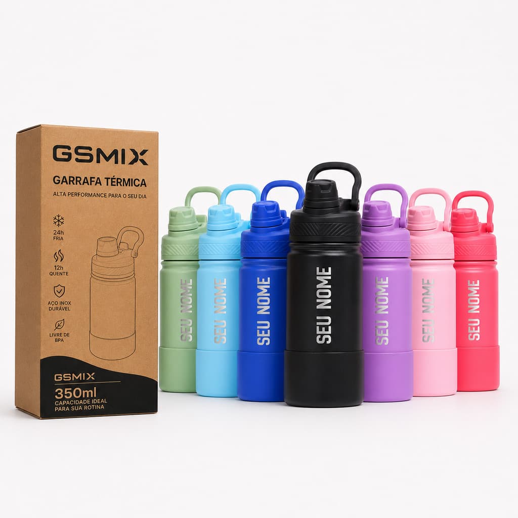 Garrafa Térmica Personalizada Inox 350ml Com Canudo Escolar com Base Proteção em Silicone
