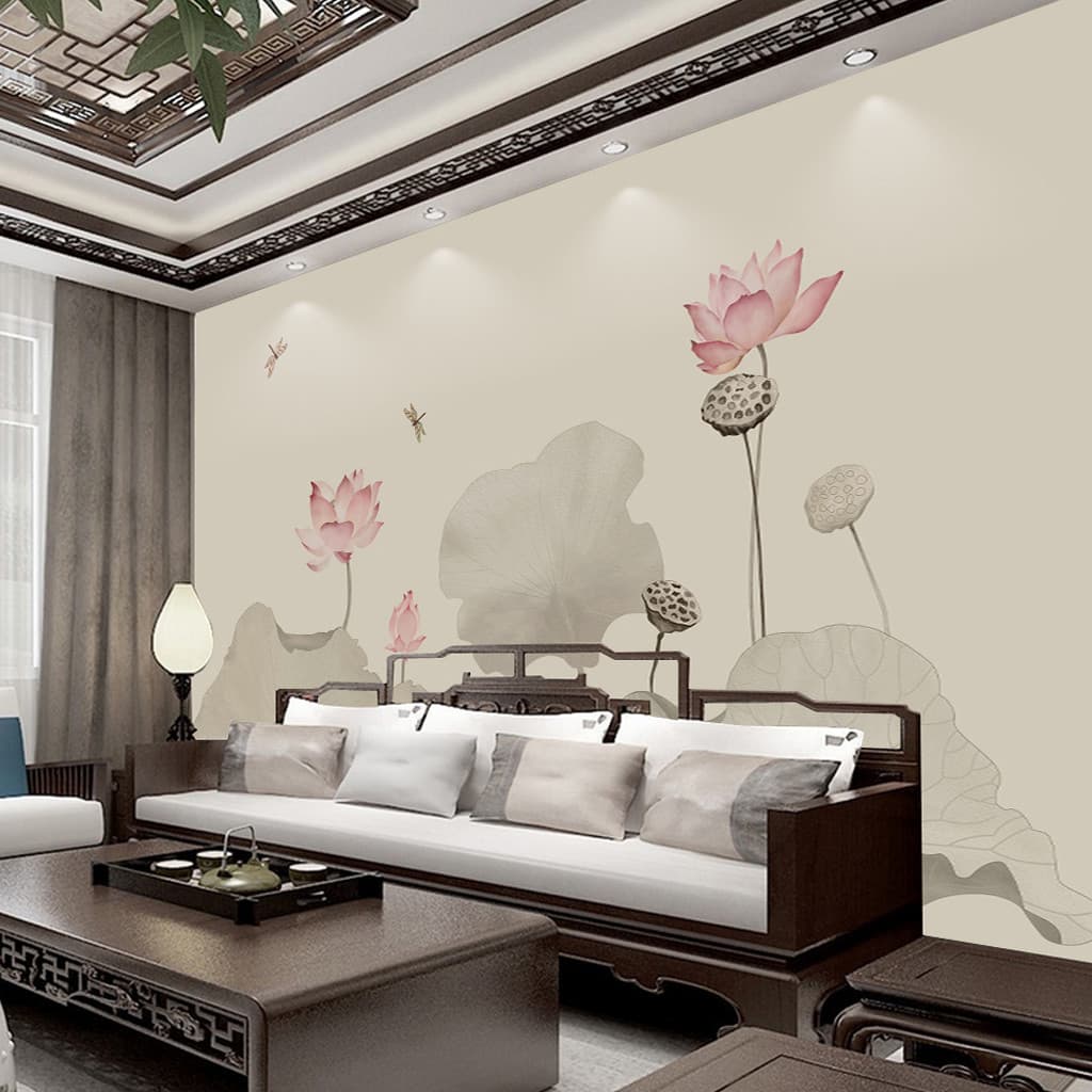 Novo estilo chinês sofá filme parede 8d lótus Mural quarto Retro papel de parede pano sala estar TV fundo papel parede