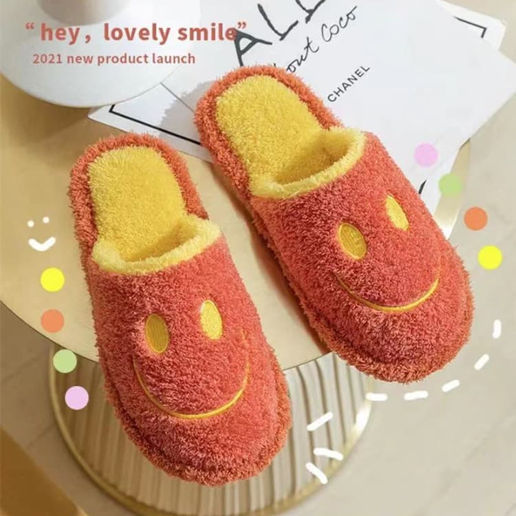 Bonito Baotou pelúcia Smiley rosto casa chinelos de algodão masculino outono inverno casais interior piso doméstico quen