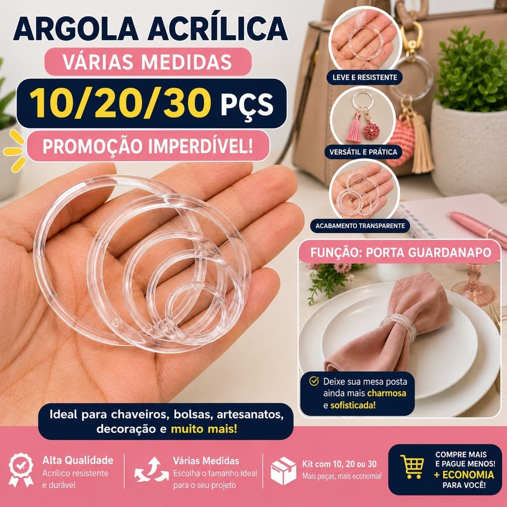Kit 10 20 30 Argolas Acrílicas Transparentes Várias Medidas Para Chaveiro Artesanato Amigurumi Porta Guardanapo