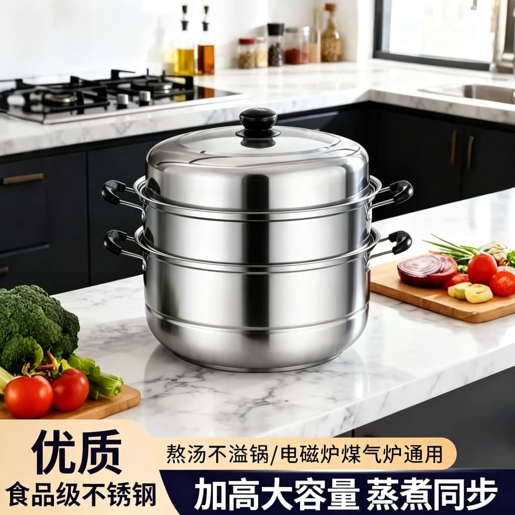 Vaporizador de camada dupla de aço inoxidável espessado, panela doméstica de duas camadas, panela de sopa grande, panela