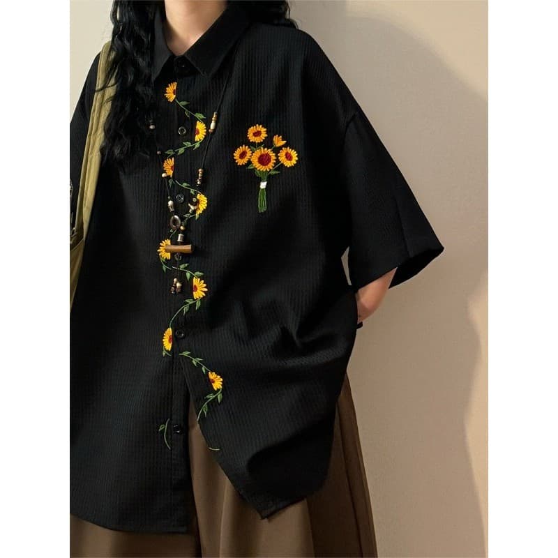 ECOKSOLO2026 Verão Japonês Retro Girassol Camisa Bordada Homens Mulheres Soltas Estilo Rua Manga Curta Top