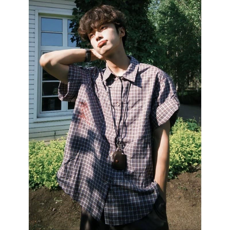 Coreia coreia cleanfit marrom xadrez velho dinheiro manga americano Retro bordado verão camisa de manga curta camiseta t