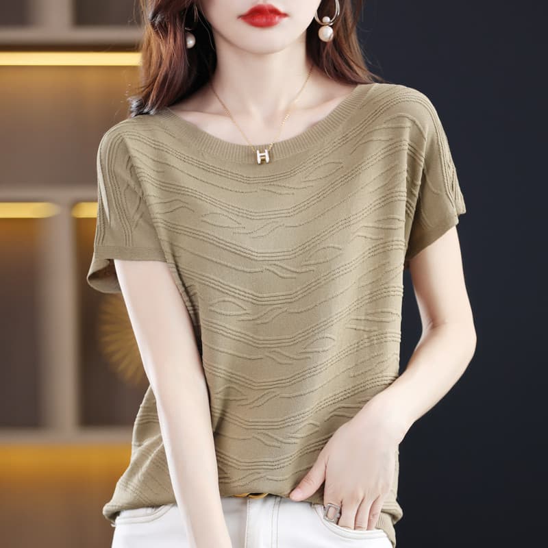 Texturizado de malha de manga curta feminina 2025 verão camiseta Design sentido onda camiseta moda estilo Casual topo de