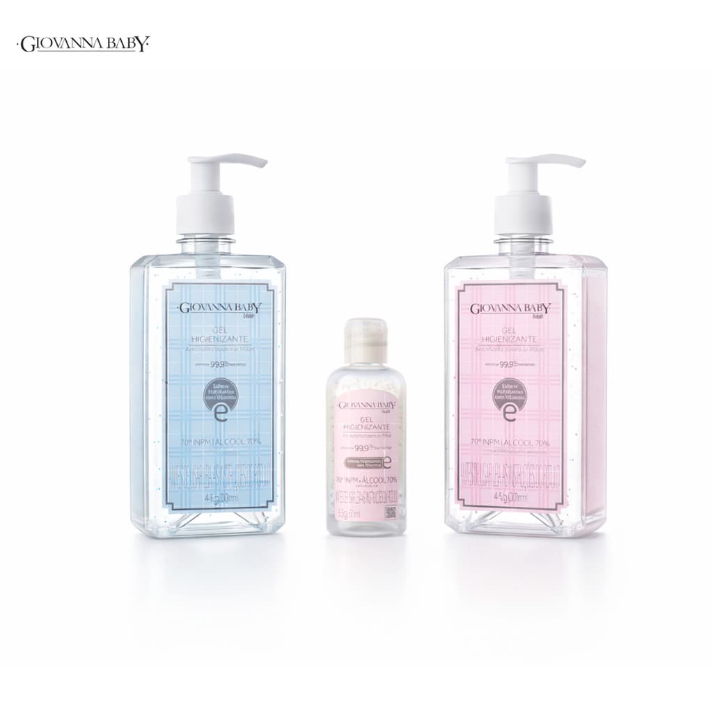 Kit 3 Álcool Gel Giovanna Baby | Classic 500ml + Blue 500ml  + 1 Álcool 60ml Rosa | Pele Perfumada